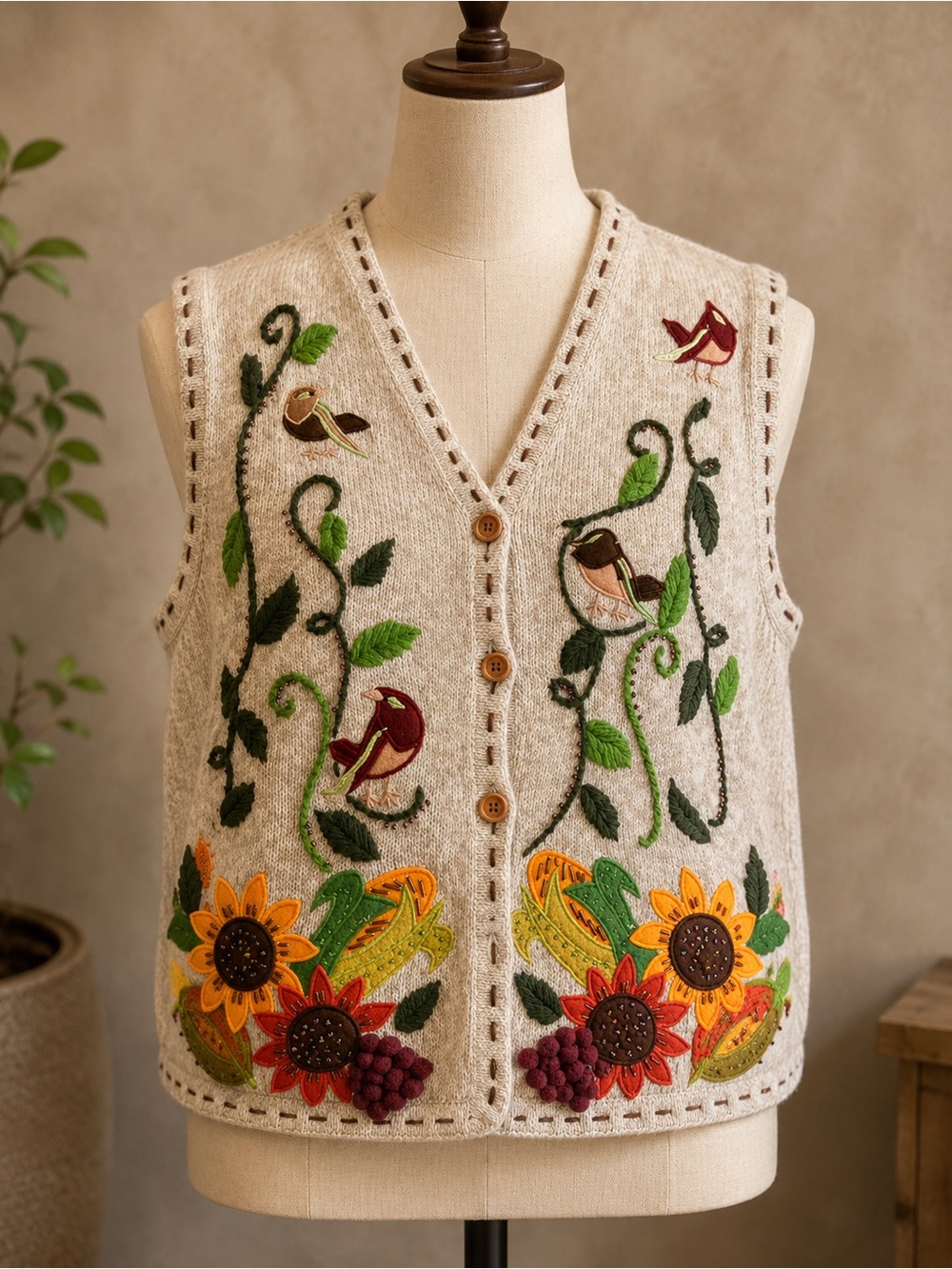 White Stag Cream Floral & Bird Embroidered Vest